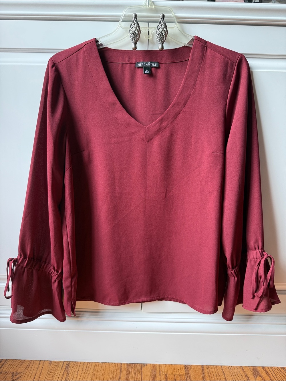 J. Crew Mercantile Women's V-Neck Long Sleeve Blouse in Burgundy
